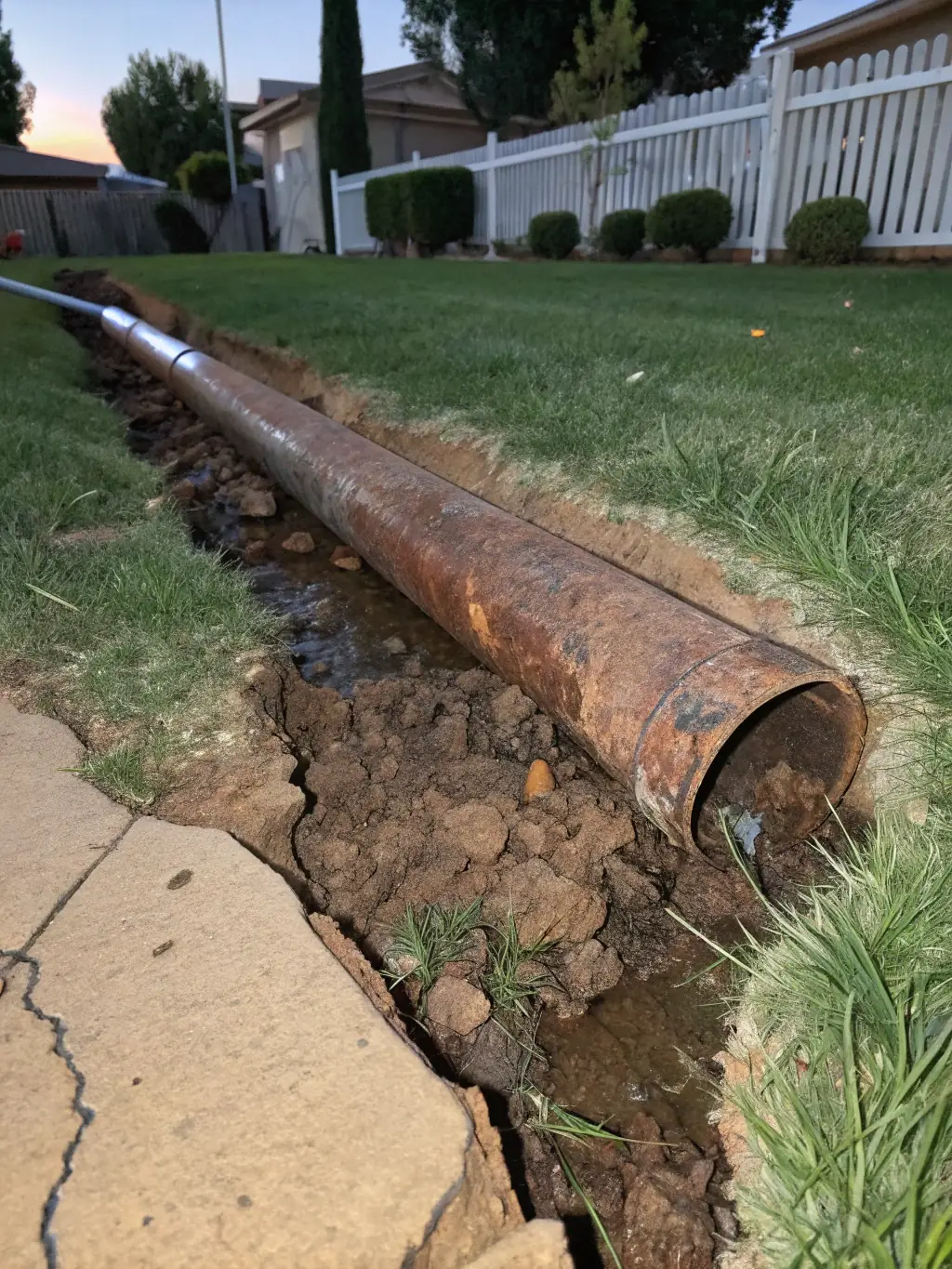 A cracked irrigation pipe leaking water into the surrounding soil, illustrating a typical repair scenario. The image is taken in a residential garden setting.