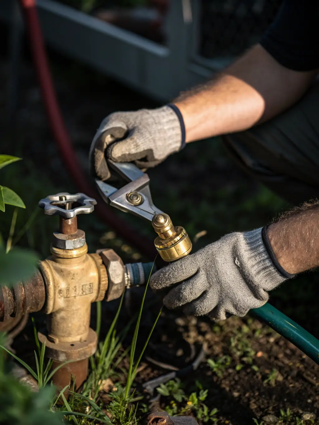 A close-up shot of a technician's hands expertly adjusting an irrigation valve, showcasing precision and expertise.