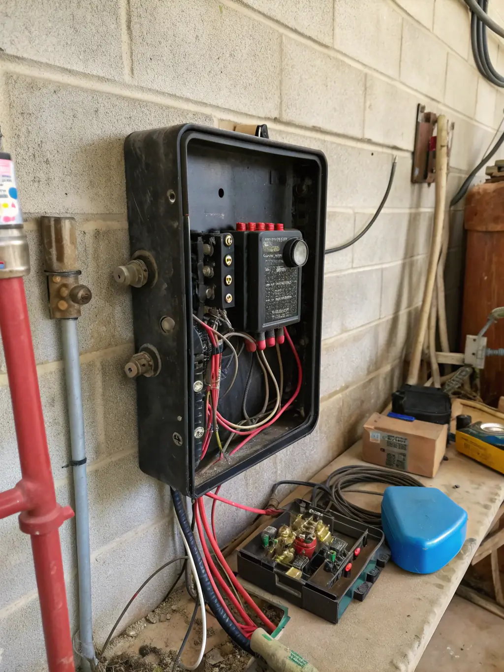An outdated or malfunctioning irrigation controller with a tangled mess of wires. The setting is a garage or utility room.