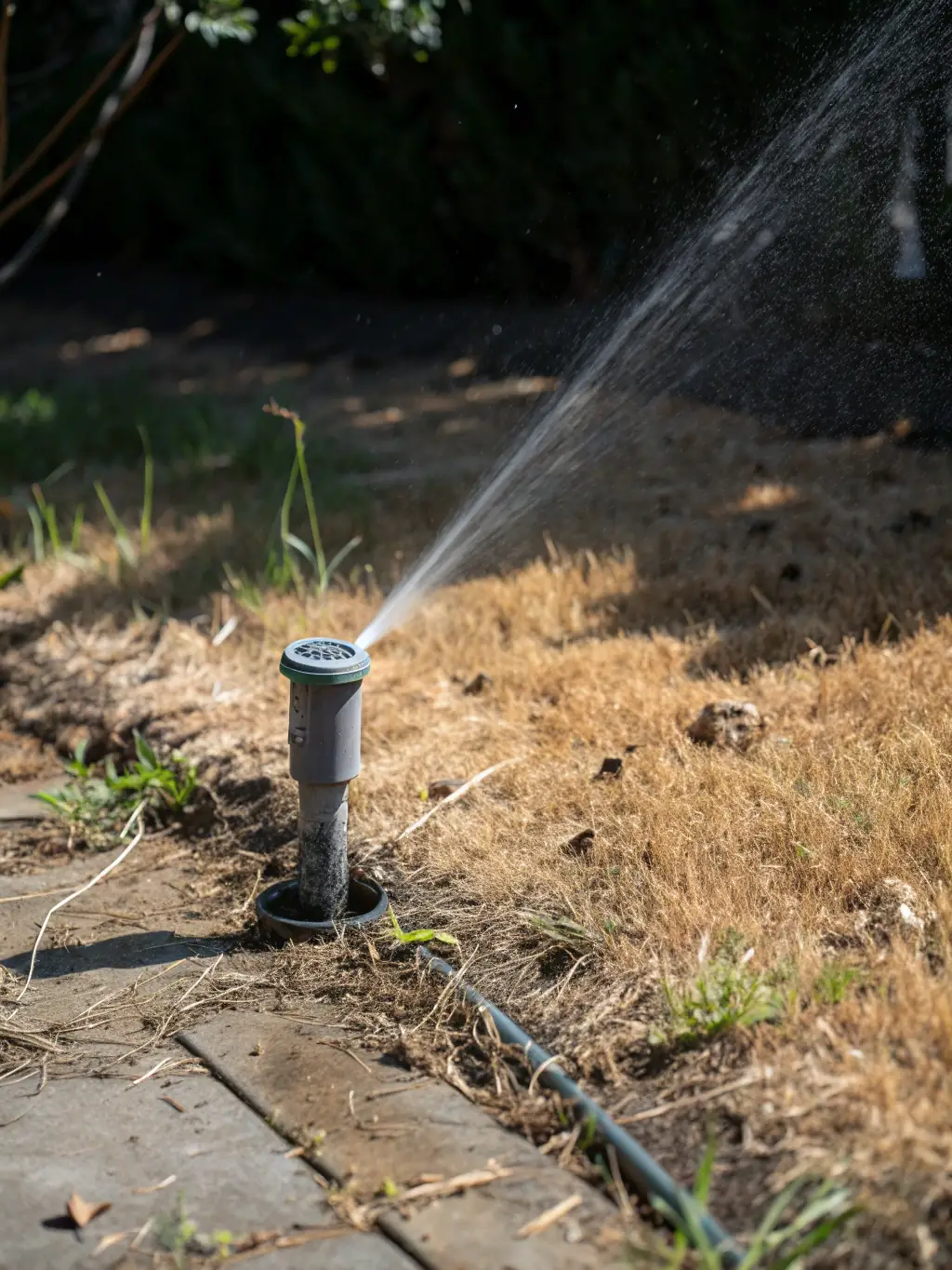 A close-up shot of a sprinkler head with low water pressure, indicating a common irrigation problem. The background shows a dry, patchy lawn.