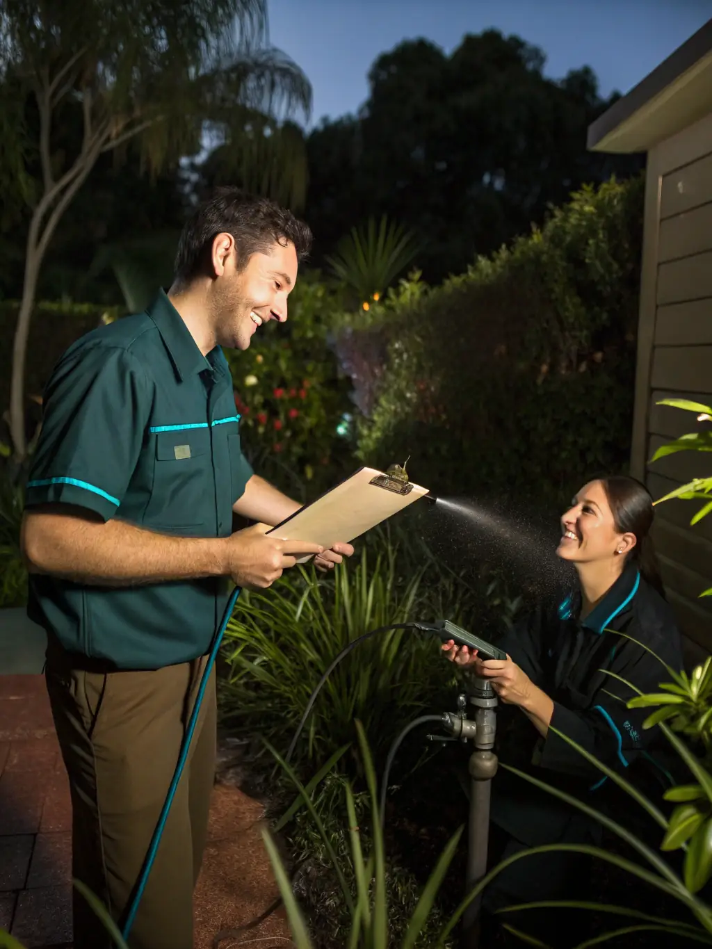 A friendly technician explaining the benefits of a well-maintained irrigation system to a satisfied homeowner in their garden.