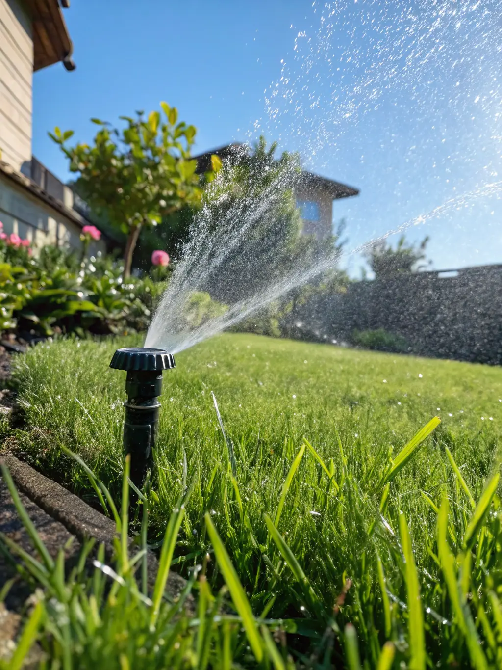 A clogged sprinkler nozzle with mineral buildup, preventing proper water flow. The background is a well-maintained garden.