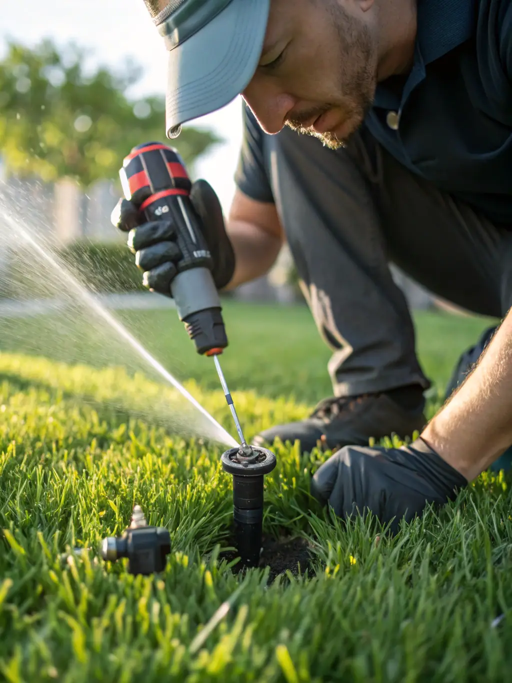 A technician quickly diagnosing an irrigation problem with advanced tools, emphasizing efficiency and speed.