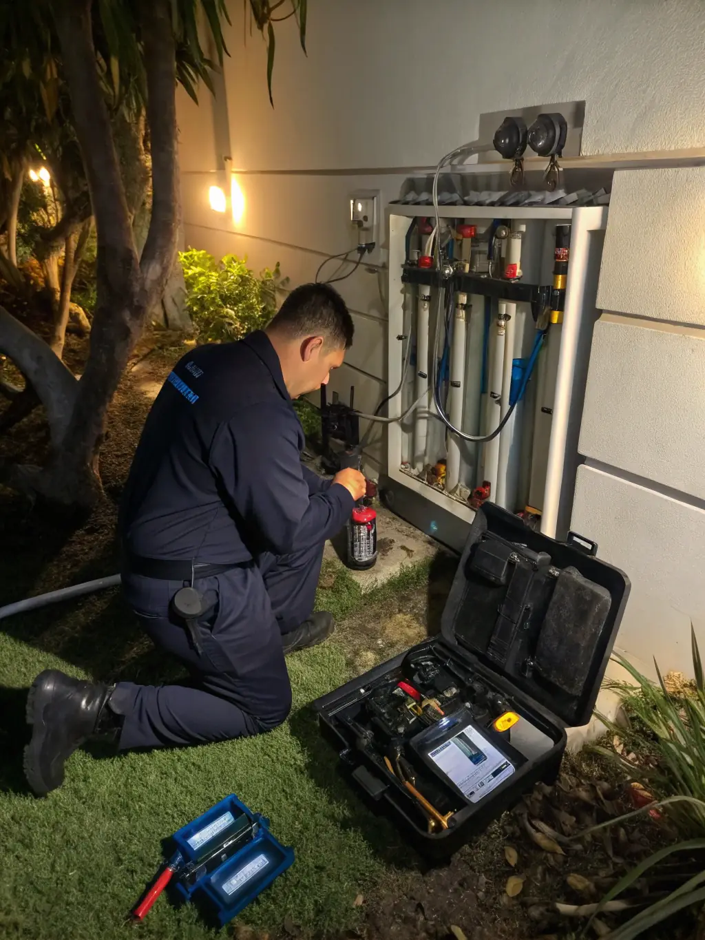 A close-up shot of a technician using a digital multimeter to diagnose an electrical issue within an irrigation system controller box, showcasing the precision and expertise involved in system diagnostics.