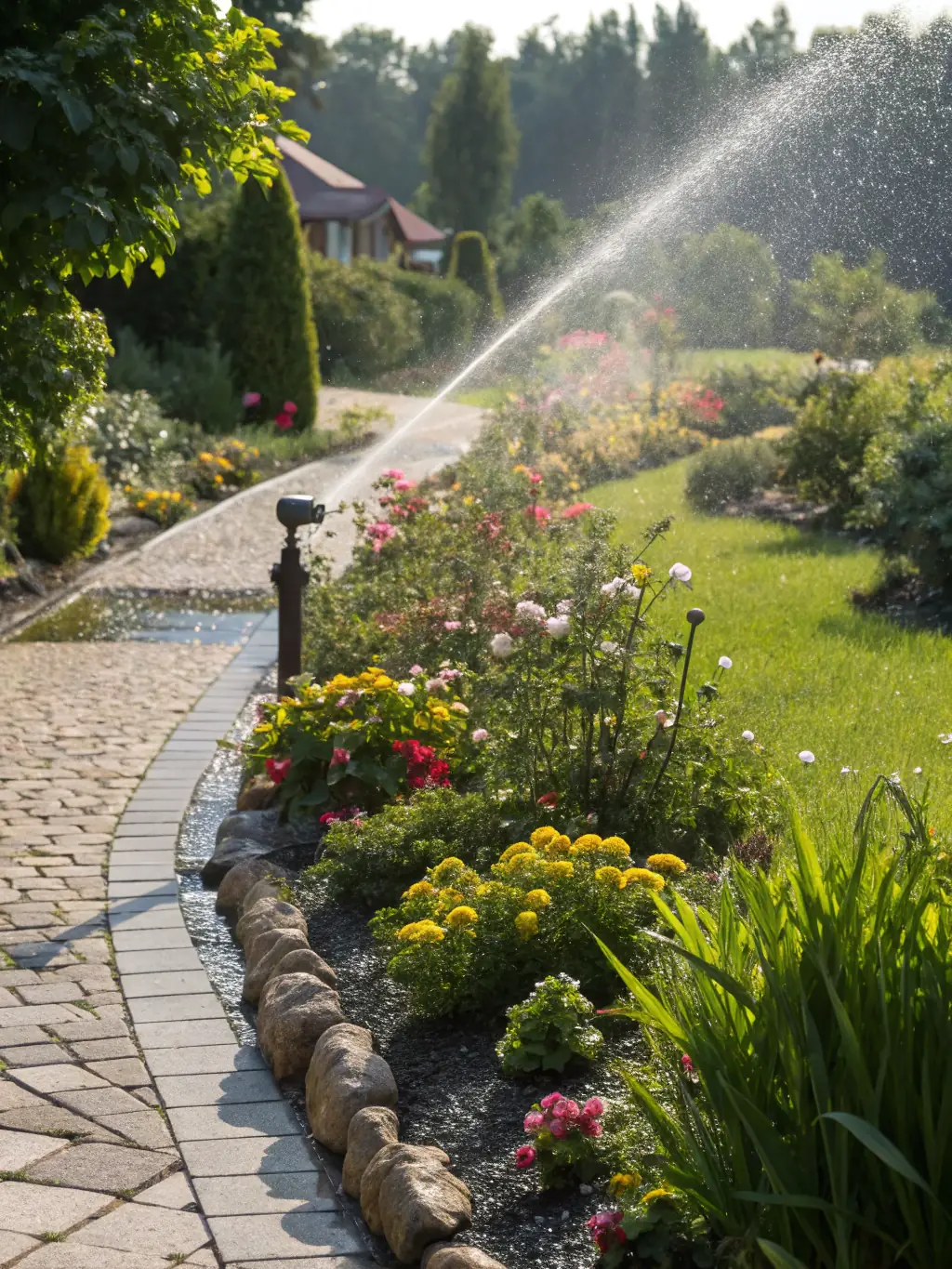 A well-maintained irrigation system with evenly watered plants and a timer set for optimal watering schedules, illustrating the benefits of regular maintenance.